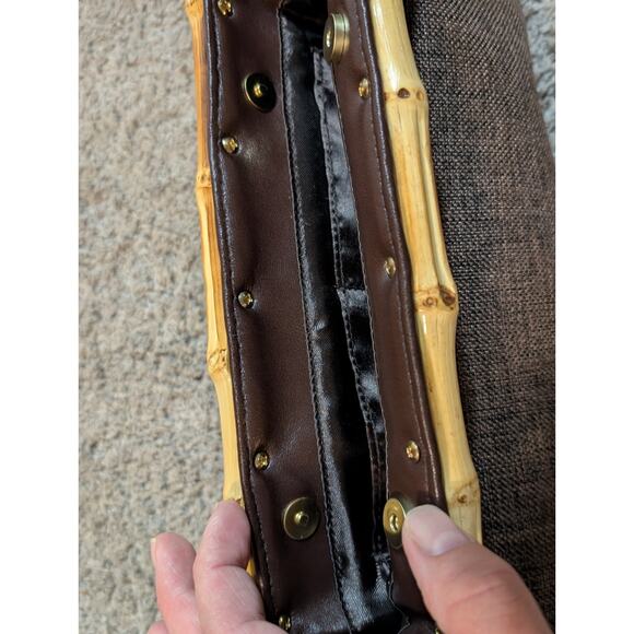 Vintg Boho Beaded Brown Fabric Clutch Bamboo Cane Handles Floral Earthy Hippie - Picture 5 of 6